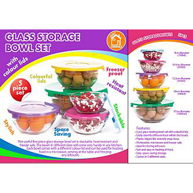 5PCS GLASS STORAGE BOWL SET WITH MULTI COLOURED LIDS (12)